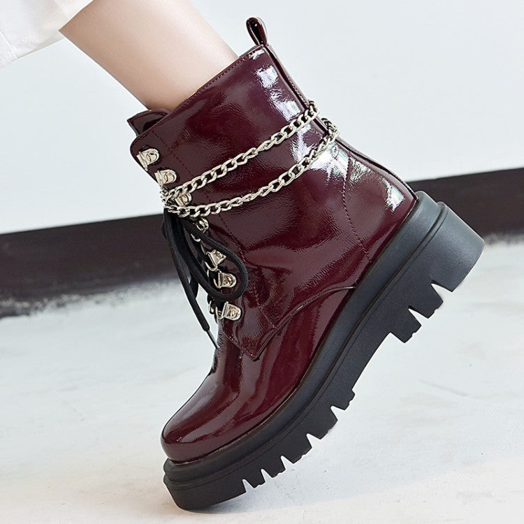 Glossy Lace Up Metal Chains Flat Platform Short Boots for Women