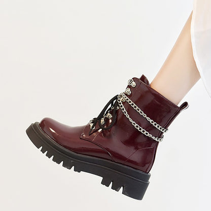 Glossy Lace Up Metal Chains Flat Platform Short Boots for Women