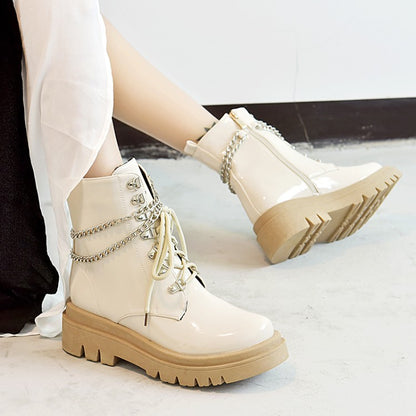 Glossy Lace Up Metal Chains Flat Platform Short Boots for Women