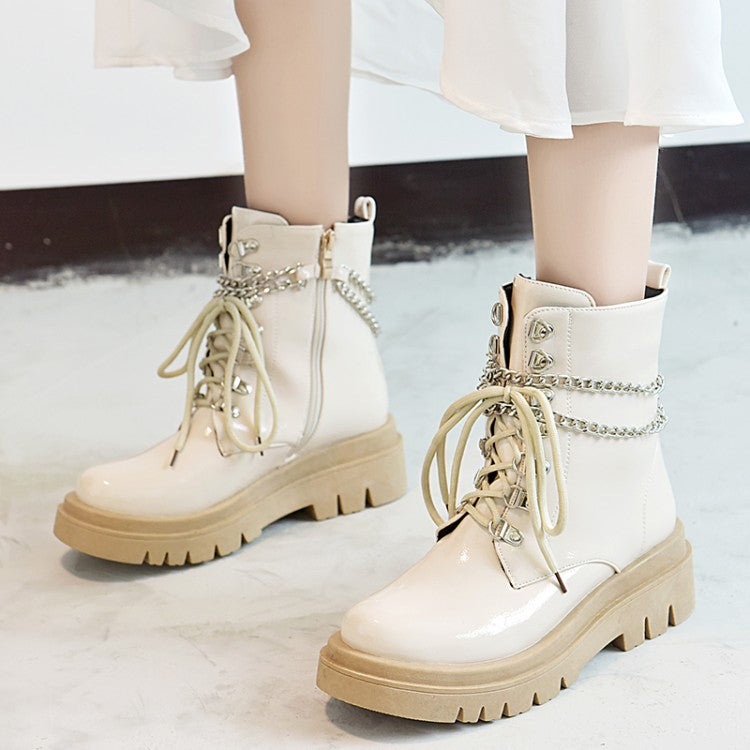 Glossy Lace Up Metal Chains Flat Platform Short Boots for Women