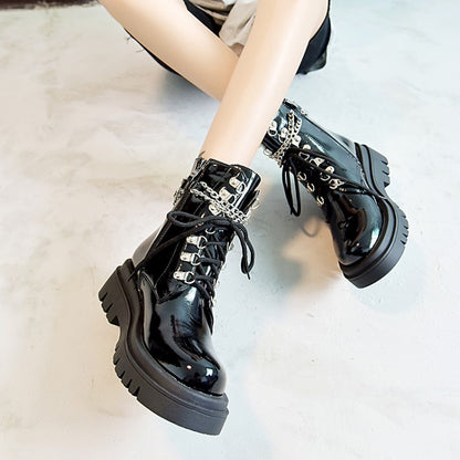 Glossy Lace Up Metal Chains Flat Platform Short Boots for Women