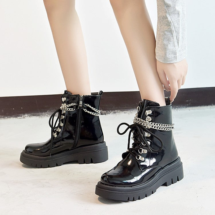 Glossy Lace Up Metal Chains Flat Platform Short Boots for Women