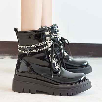 Glossy Lace Up Metal Chains Flat Platform Short Boots for Women