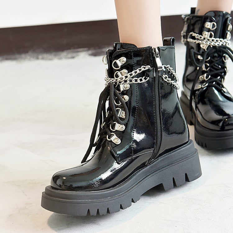 Glossy Lace Up Metal Chains Flat Platform Short Boots for Women