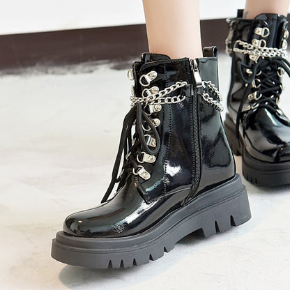 Glossy Lace Up Metal Chains Flat Platform Short Boots for Women