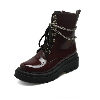 Glossy Lace Up Metal Chains Flat Platform Short Boots for Women