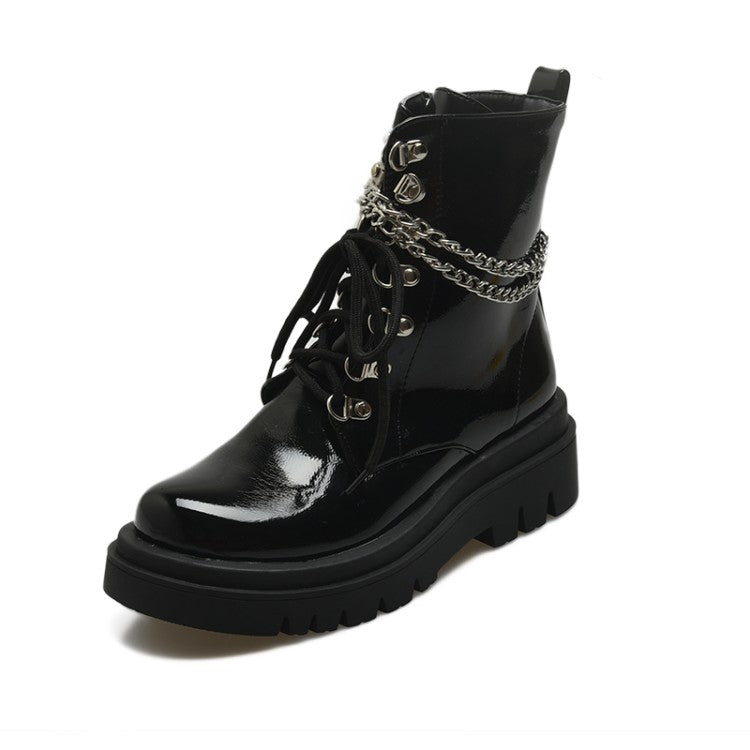 Glossy Lace Up Metal Chains Flat Platform Short Boots for Women