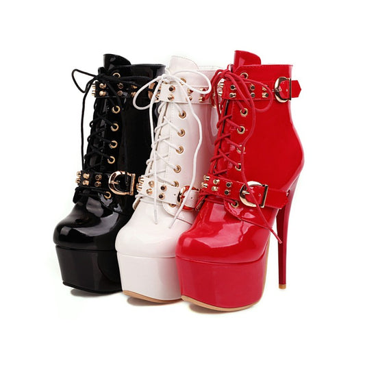 Ladies Glossy Almond Toe Buckles Belts Tied Stiletto Heel Platform Short Boots