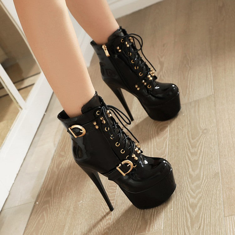 Ladies Glossy Almond Toe Buckles Belts Tied Stiletto Heel Platform Short Boots