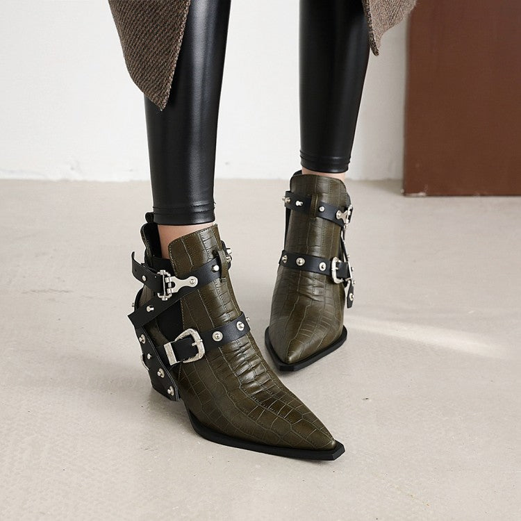 Crocodile Pattern Pointed Toe Buckles Belts Rivets Block Heel Short Boots for Women