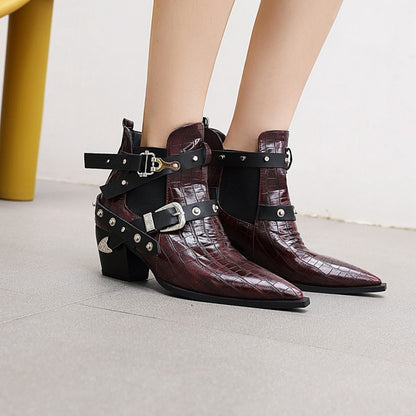 Crocodile Pattern Pointed Toe Buckles Belts Rivets Block Heel Short Boots for Women