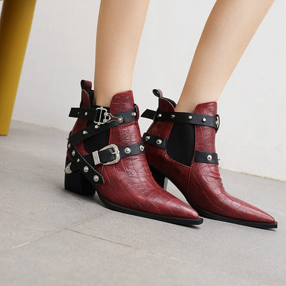 Crocodile Pattern Pointed Toe Buckles Belts Rivets Block Heel Short Boots for Women