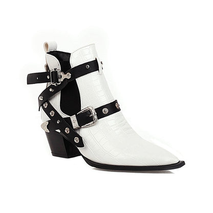 Crocodile Pattern Pointed Toe Buckles Belts Rivets Block Heel Short Boots for Women