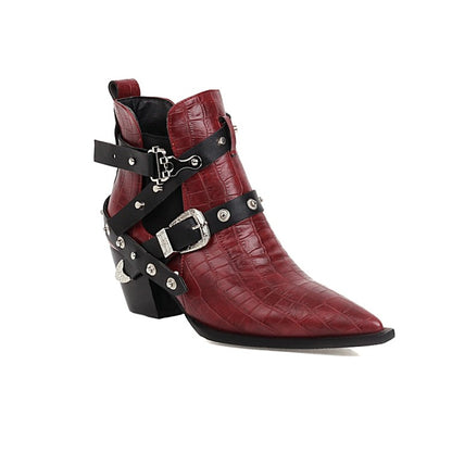 Crocodile Pattern Pointed Toe Buckles Belts Rivets Block Heel Short Boots for Women