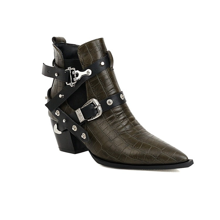 Crocodile Pattern Pointed Toe Buckles Belts Rivets Block Heel Short Boots for Women