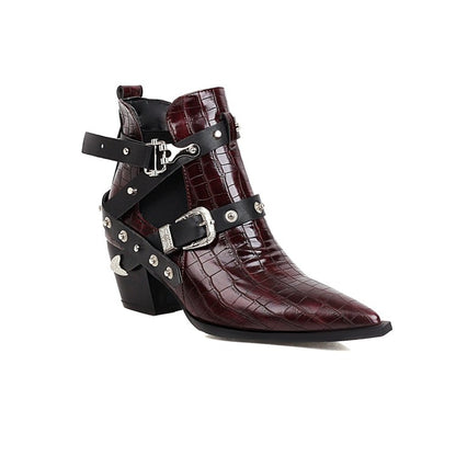 Crocodile Pattern Pointed Toe Buckles Belts Rivets Block Heel Short Boots for Women