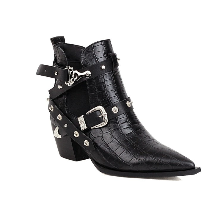 Crocodile Pattern Pointed Toe Buckles Belts Rivets Block Heel Short Boots for Women