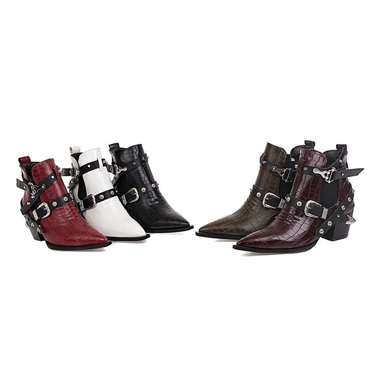 Crocodile Pattern Pointed Toe Buckles Belts Rivets Block Heel Short Boots for Women