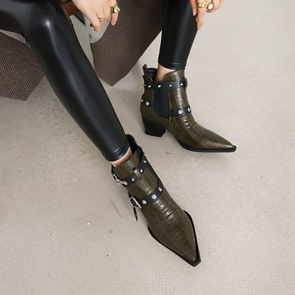 Crocodile Pattern Pointed Toe Buckles Belts Rivets Block Heel Short Boots for Women