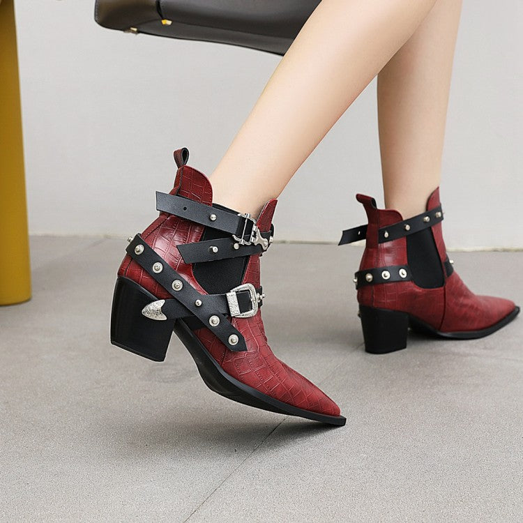 Crocodile Pattern Pointed Toe Buckles Belts Rivets Block Heel Short Boots for Women