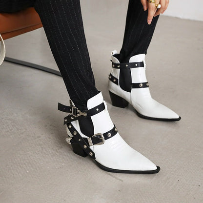 Crocodile Pattern Pointed Toe Buckles Belts Rivets Block Heel Short Boots for Women