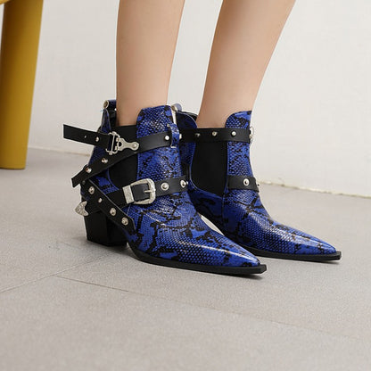 Serpentinite Pointed Toe Buckles Belts Puppy Heel Short Boots for Women