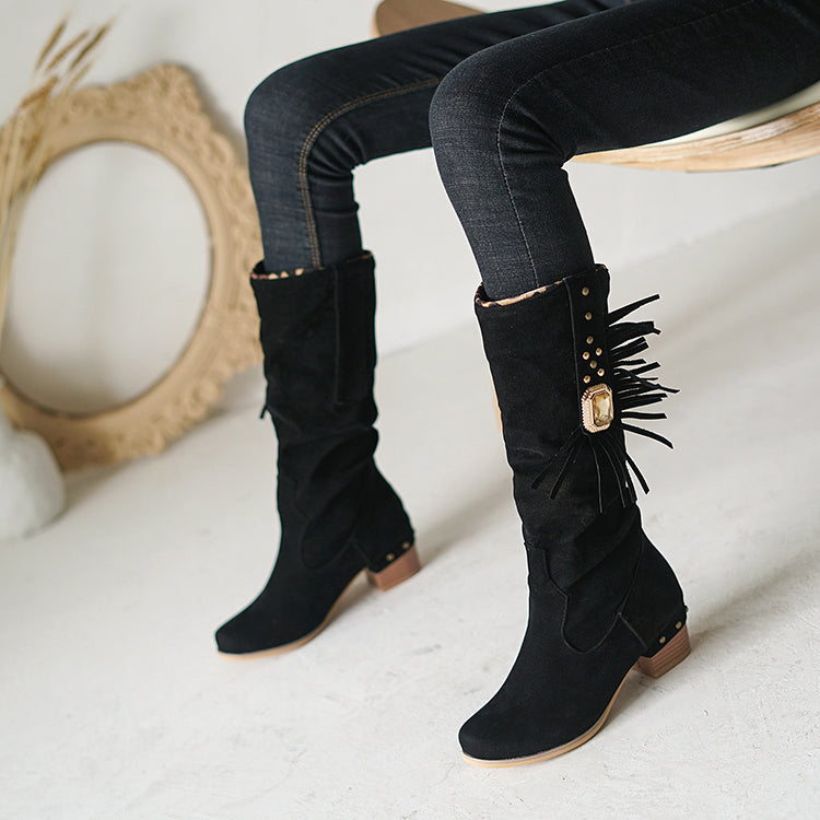 Ladies Rhinestore Tassel Knee High Boots