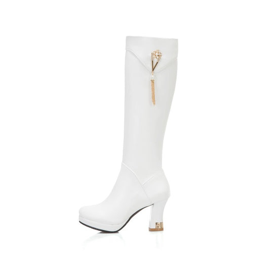 Side Zippers Rhinestone Tassel Spool Heel Platform Knee High Boots for Women