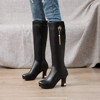 Side Zippers Rhinestone Tassel Spool Heel Platform Knee High Boots for Women