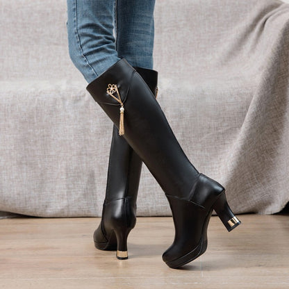 Side Zippers Rhinestone Tassel Spool Heel Platform Knee High Boots for Women