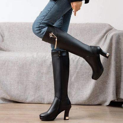 Side Zippers Rhinestone Tassel Spool Heel Platform Knee High Boots for Women