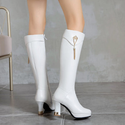 Side Zippers Rhinestone Tassel Spool Heel Platform Knee High Boots for Women