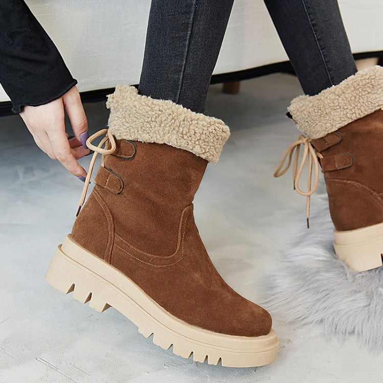 Stitching Back Tied Flat Platform Short Boots for Women