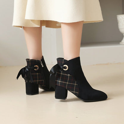 Flock Lattice Patchwork Silk Tied Straps Block Chunky Heel Short Boots for Women