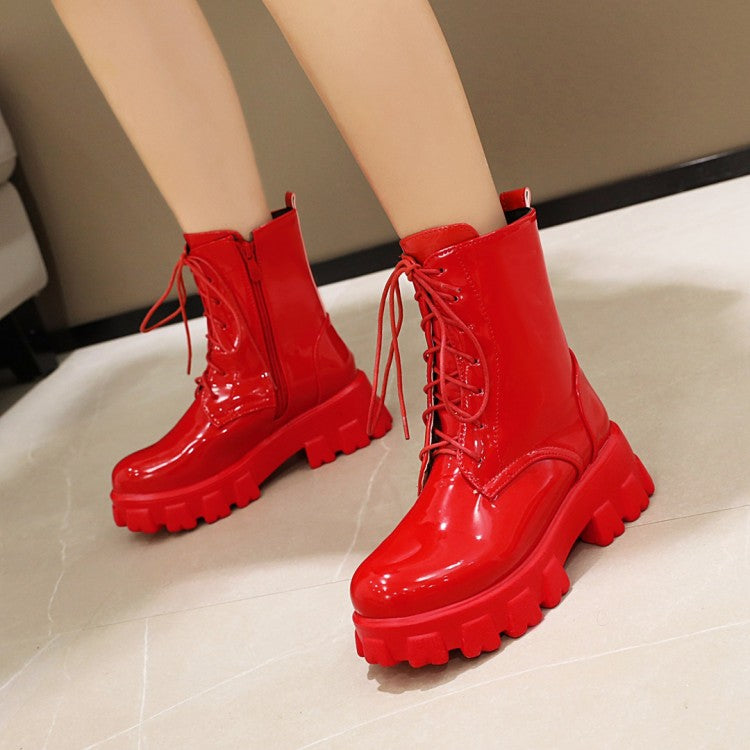 Glossy Round Toe Lace-Up Side Zippers Block Chunky Heel Platform Short Boots for Women