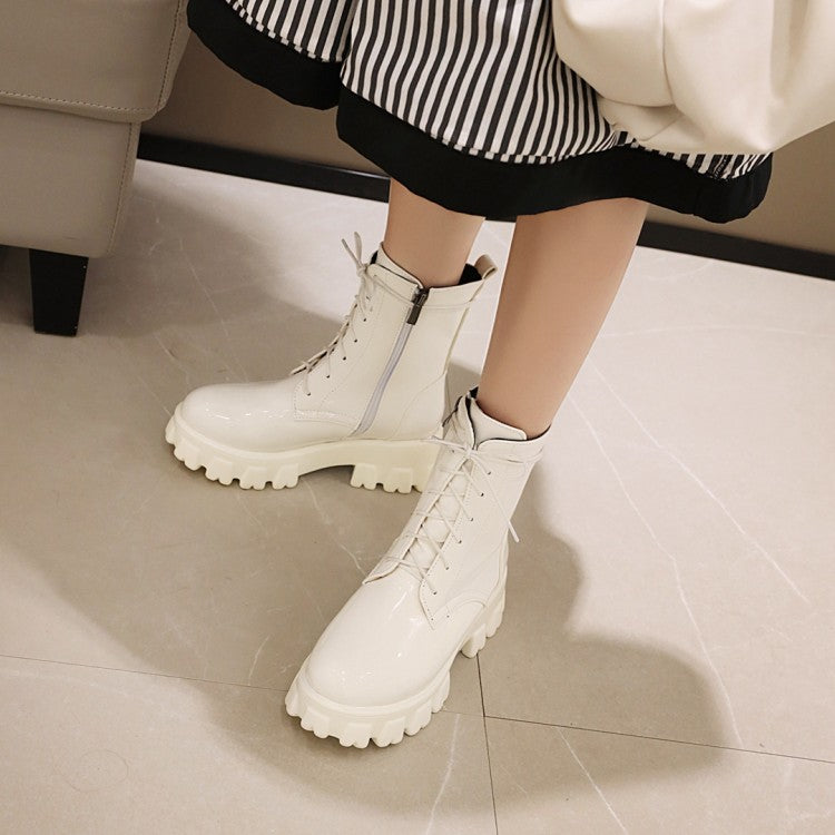 Glossy Round Toe Lace-Up Side Zippers Block Chunky Heel Platform Short Boots for Women