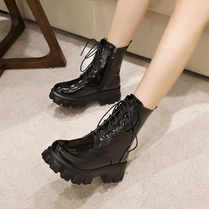 Glossy Round Toe Lace-Up Side Zippers Block Chunky Heel Platform Short Boots for Women