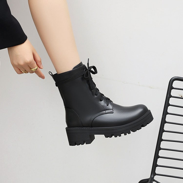 Round Toe Lace-Up Side Zippers Block Chunky Heel Platform Short Boots for Women