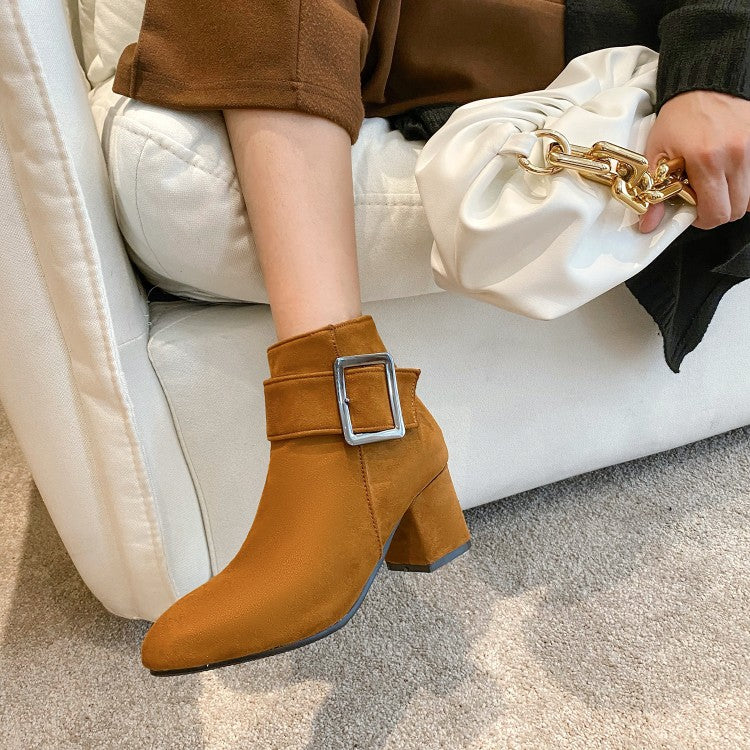 Flock Round Toe Buckle Straps Side Zippers Block Chunky Heel Short Boots for Women