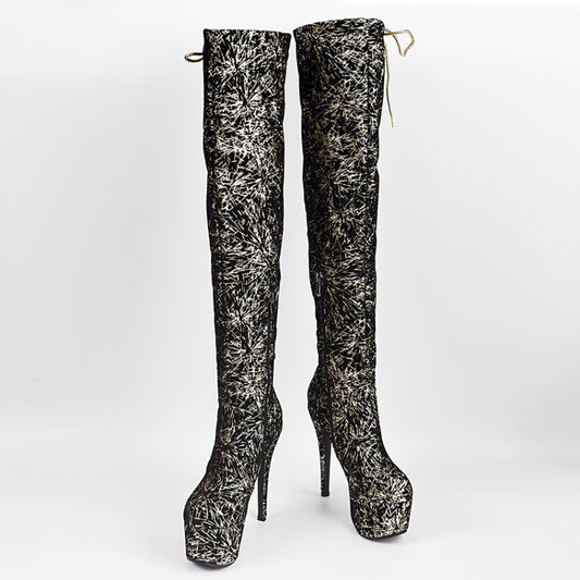 Sequins Platform Stiletto Heel Side Tied Over the Knee Boots for Women