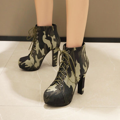 Ladies Camouflage Round Toe Tied Belts Chunky Heel Platform Short Boots