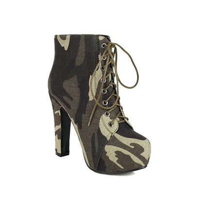 Ladies Camouflage Round Toe Tied Belts Chunky Heel Platform Short Boots