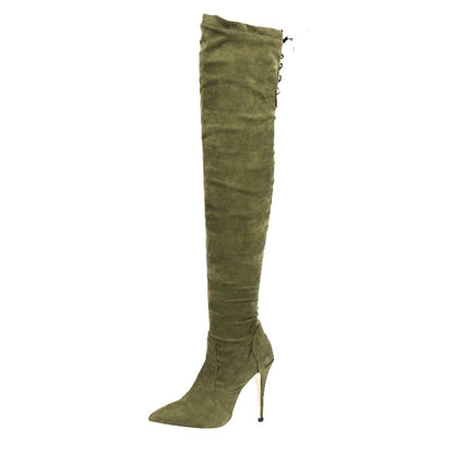 Pointed Toe Stiletto Heel Side Zippers Back Tied Over the Knee Boots for Women