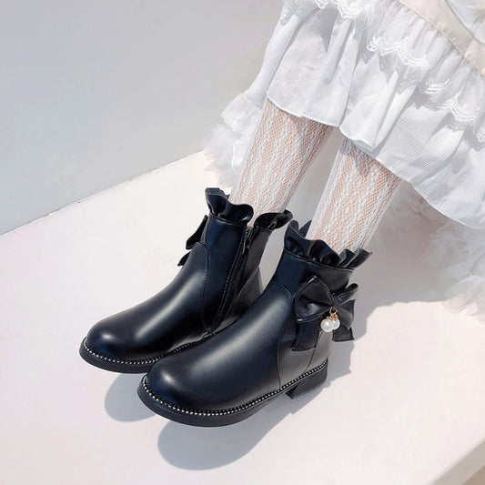 Pu Leather Round Toe Ruffles Pearls Bow Tie Short Boots for Women