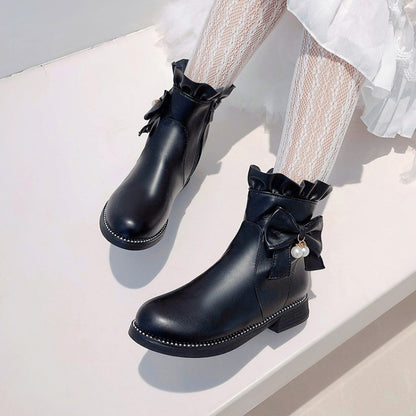 Pu Leather Round Toe Ruffles Pearls Bow Tie Short Boots for Women