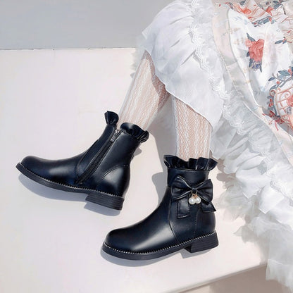 Pu Leather Round Toe Ruffles Pearls Bow Tie Short Boots for Women