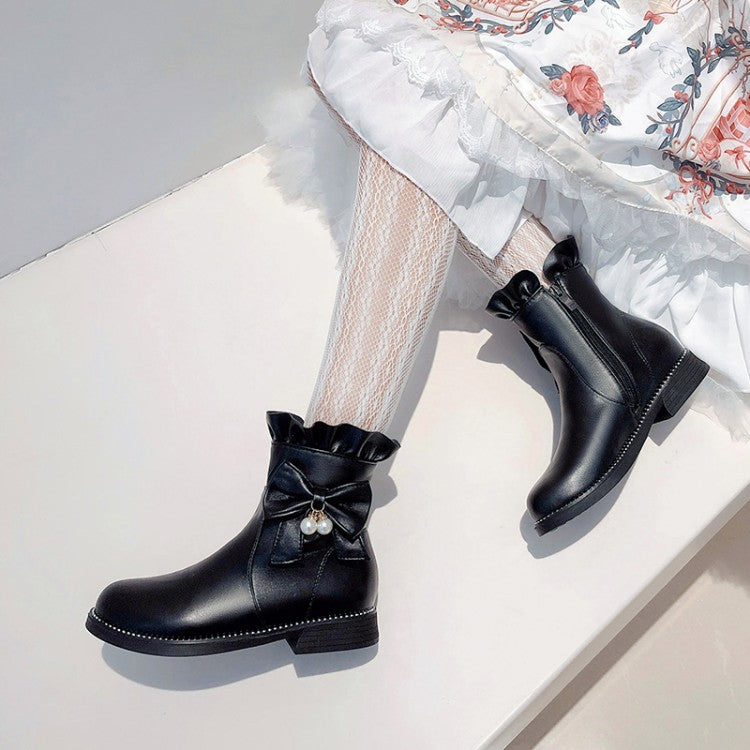 Pu Leather Round Toe Ruffles Pearls Bow Tie Short Boots for Women