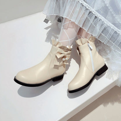 Pu Leather Round Toe Ruffles Pearls Bow Tie Short Boots for Women