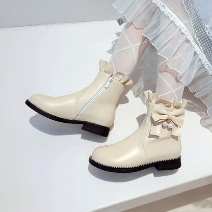 Pu Leather Round Toe Ruffles Pearls Bow Tie Short Boots for Women