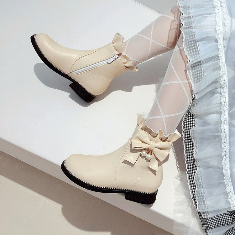 Pu Leather Round Toe Ruffles Pearls Bow Tie Short Boots for Women